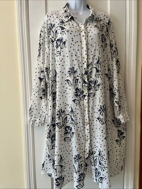 Cotton Floral Shirtdress Long Sleeve Womens 22-24/2W White Relaxed Pockets Beach